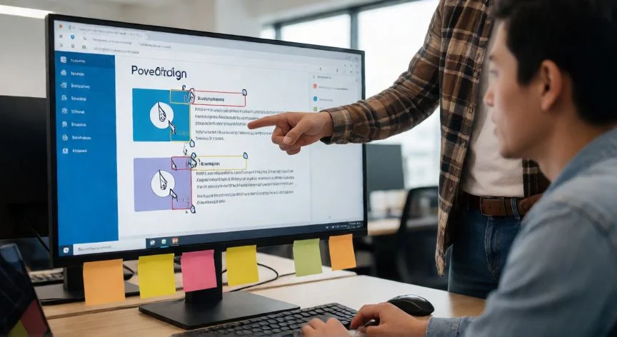 powerpoint en web, Dos personas colaborando en una presentación de PowerPoint en la web en un entorno de oficina