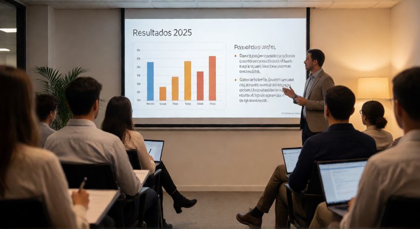 presentación en powerpoint que es, Persona dando una presentación en PowerPoint proyectada en pantalla grande ante una audiencia en sala de reuniones