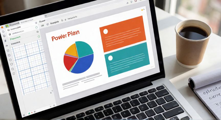 presentación en powerpoint que es, Pantalla de laptop mostrando PowerPoint en modo edición con diapositivas, gráfico circular y notas al margen