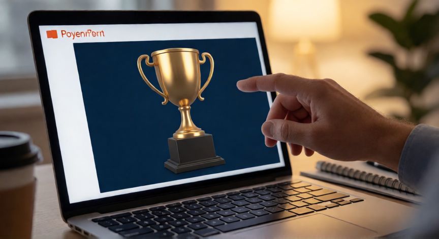 presentaciones en powerpoint 3d, Persona creando una presentación PowerPoint con un modelo 3D de trofeo dorado en la diapositiva