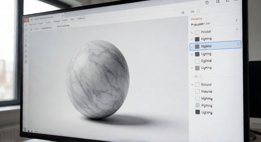 presentaciones en powerpoint 3d, Interfaz de PowerPoint mostrando el panel de propiedades de un modelo 3D de esfera de mármol con opciones de material e iluminación