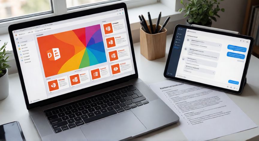 presentaciones en powerpoint ai, Vista cenital de un escritorio con presentación en PowerPoint y prompts de IA