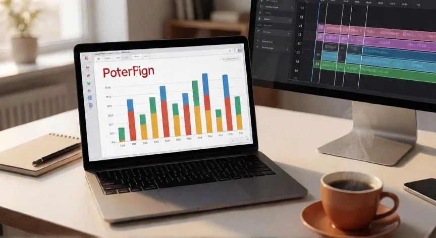 Vista cenital de un escritorio con portátil mostrando el panel de animaciones de PowerPoint y una gráfica de barras en edición