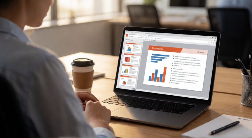 presentaciones en powerpoint con ia, Persona trabajando en una presentación de PowerPoint con IA en un entorno de oficina moderno