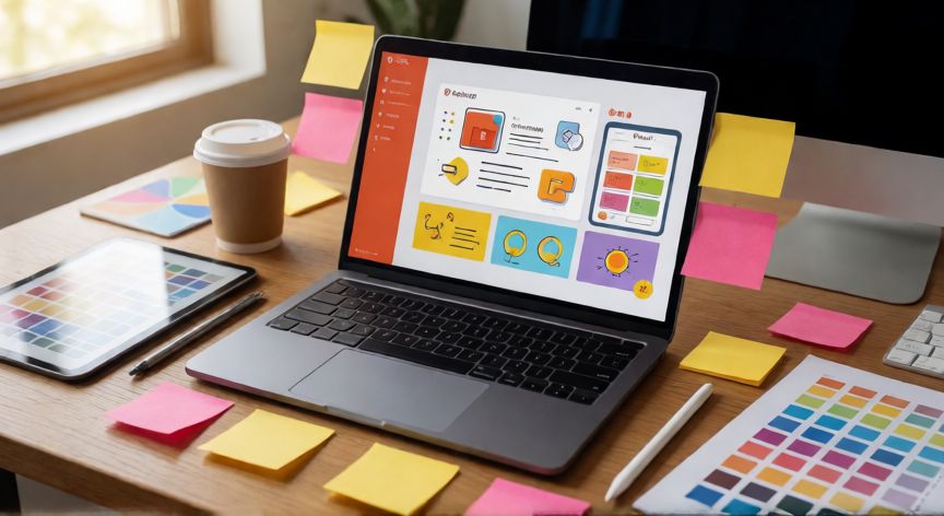 presentaciones en powerpoint creativas, Mesa de trabajo de un diseñador con una presentación PowerPoint creativa abierta en la pantalla del portátil
