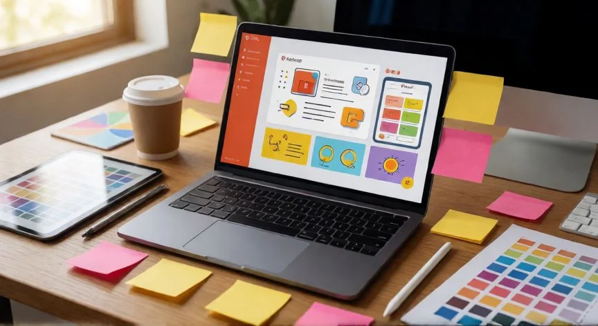 Mesa de trabajo de un diseñador con una presentación PowerPoint creativa abierta en la pantalla del portátil