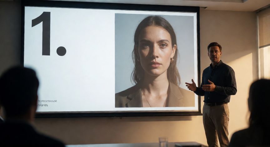 presentaciones en powerpoint creativas, Presentador delante de una pantalla con una diapositiva minimalista y de gran impacto visual en una sala de conferencias