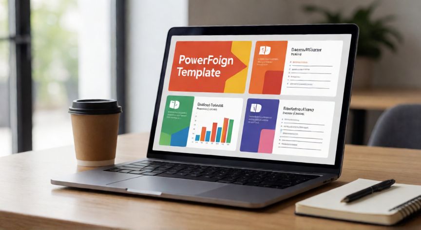 presentaciones en powerpoint descargar, Portátil mostrando una plantilla de PowerPoint con gráficos y diapositivas en una mesa de oficina