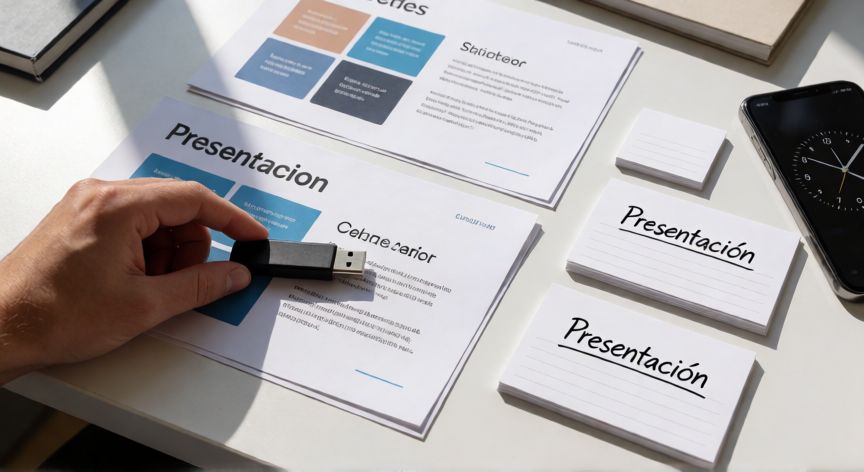 presentaciones en powerpoint descargar, Manos organizando diapositivas impresas y un pendrive sobre un escritorio de trabajo