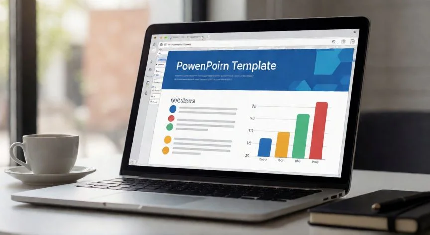 presentaciones en powerpoint gratis, Pantalla de portátil mostrando la edición de una plantilla de PowerPoint gratuita en un escritorio profesional