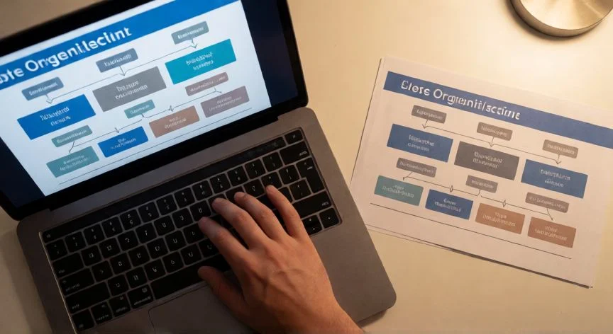presentaciones en powerpoint gratis, Manos editando una presentación en PowerPoint con un diagrama de organización visible en pantalla y una copia PDF impresa al lado