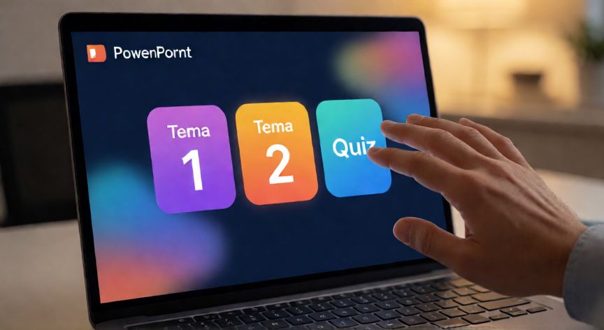 presentaciones en powerpoint interactivas, Pantalla de laptop mostrando una diapositiva de menú interactivo en PowerPoint con botones de navegación