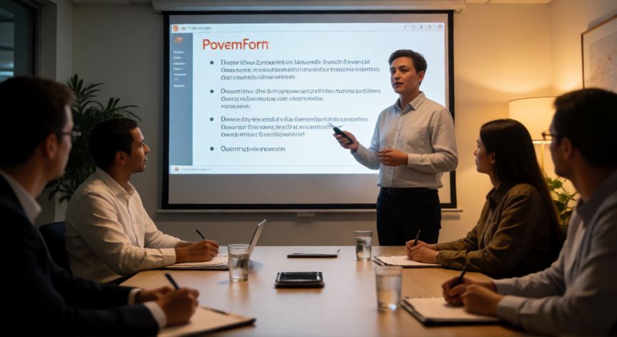 presentaciones en powerpoint online, Persona dando una presentación con diapositivas de PowerPoint en una sala de reuniones