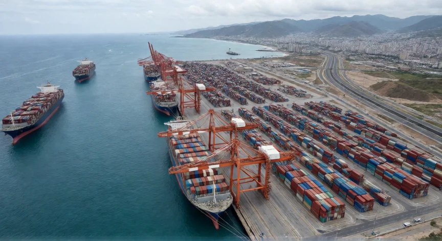 puerto que hicieron los chinos en peru, Vista aérea del Puerto de Chancay en Perú con buques de carga atracados y grúas de contenedores