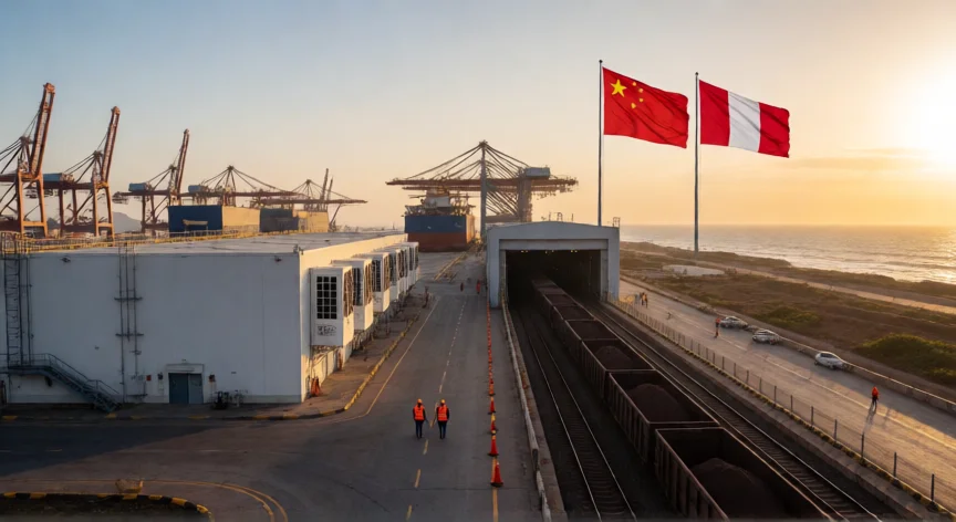 puerto que hicieron los chinos en peru, Terminal de carga del Puerto de Chancay con tren de mineral y banderas de Perú y China