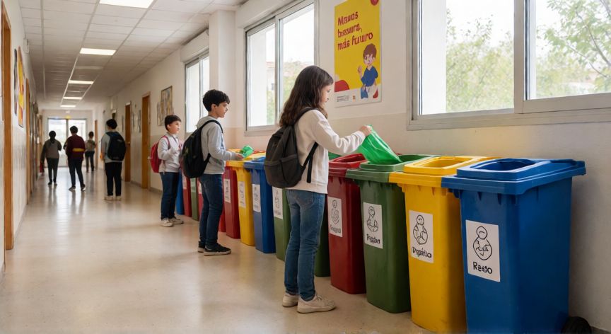 qué acción cambiarías en tu escuela para evitar la contaminación, Estudiantes en un pasillo de escuela separando residuos en contenedores con etiquetas en español