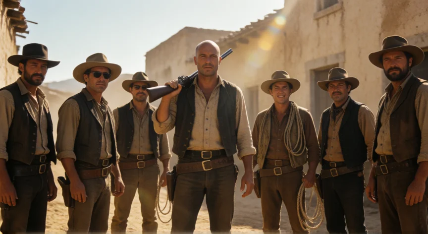 qué actores hicieron los 7 magníficos, Los siete pistoleros de la película Los Siete Magníficos posando frente al pueblo de Los Roques