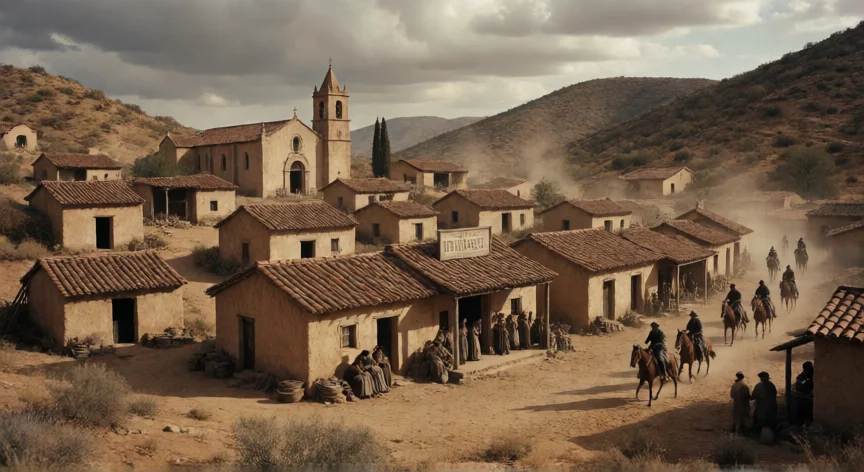 qué actores hicieron los 7 magníficos, El pueblo de Los Roques siendo amenazado por los bandidos en la película western de 1960