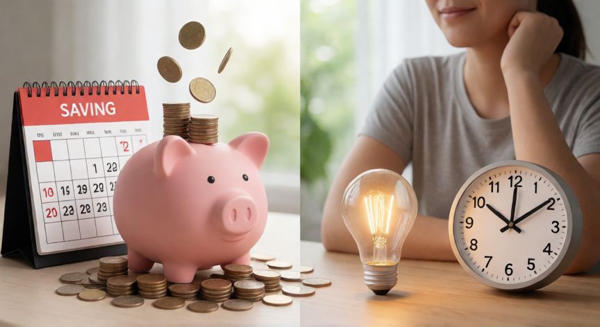 que ahorrar, Ilustración conceptual que muestra un cerdito de ahorros junto a símbolos de energía y tiempo libre