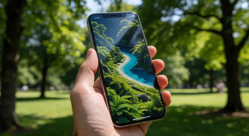 que android comprar en 2026, Persona sosteniendo un móvil Android al aire libre bajo la luz del sol
