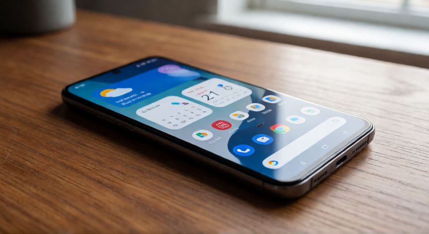 que android debe tener un celular, Smartphone moderno con la pantalla de inicio de Android encendida sobre una mesa