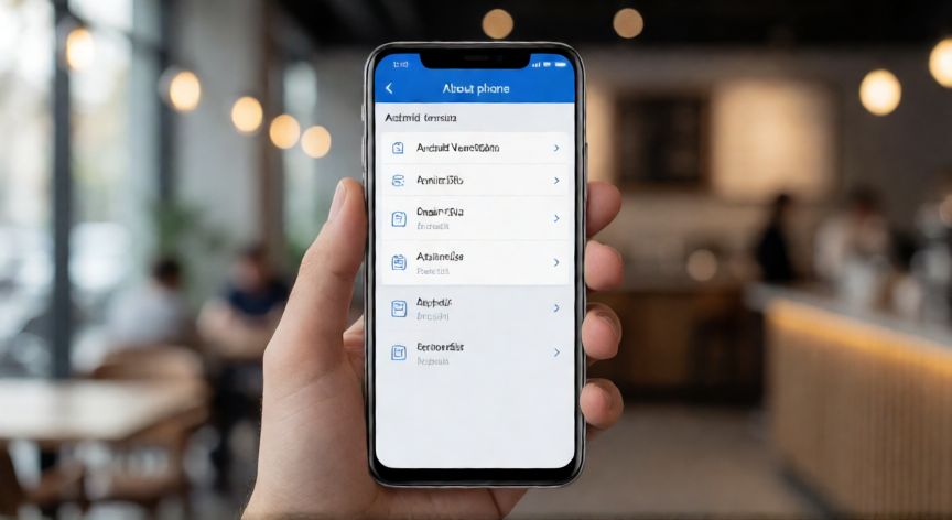 que android debe tener un celular, Mano sosteniendo un móvil mostrando el menú de ajustes de versión de Android