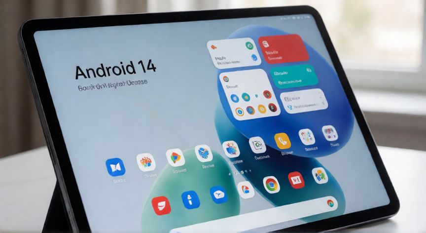 que android debe tener una tablet, Tablet moderna mostrando la interfaz de Android 14 con widgets y diseño limpio