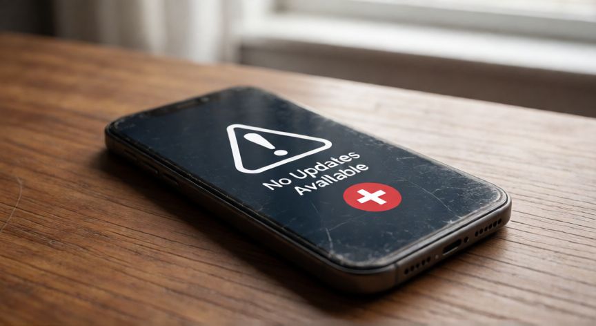 que android deja de funcionar en el 2026, Teléfono antiguo con aviso de falta de actualizaciones de seguridad en la pantalla
