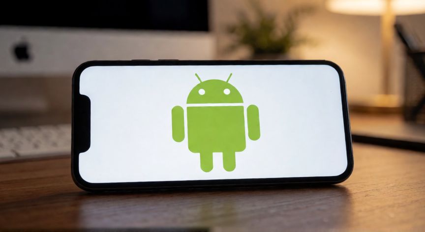 que android es el actual, Smartphone moderno mostrando el logo de Android sobre una mesa de escritorio