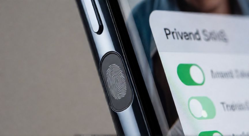 que android es el mas actual, Detalle de un smartphone destacando las funciones de seguridad y privacidad del sistema operativo