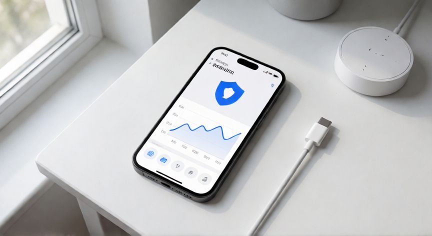 que android es el mas actual 2026, Vista cenital de un smartphone con iconos de seguridad y eficiencia energética sobre una mesa de trabajo