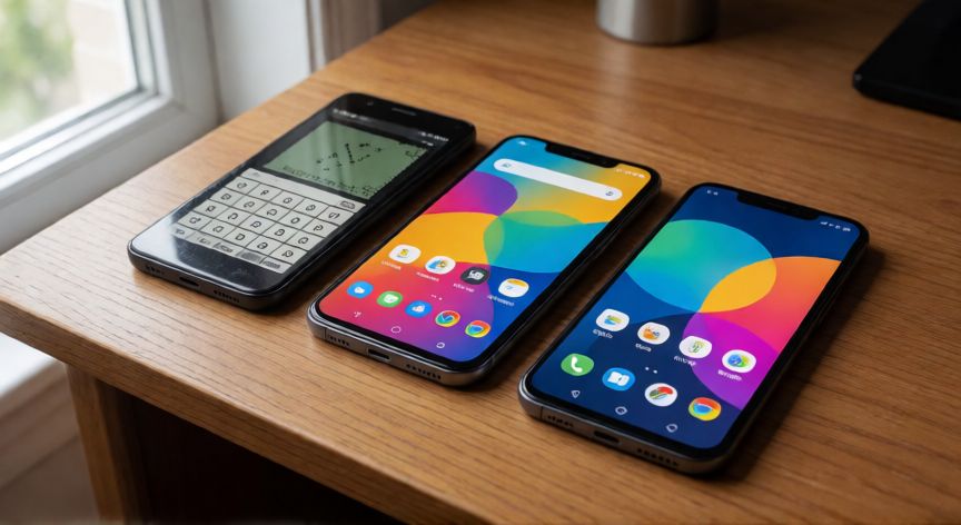que android es el ultimo, Varios teléfonos inteligentes mostrando la evolución del diseño de Android
