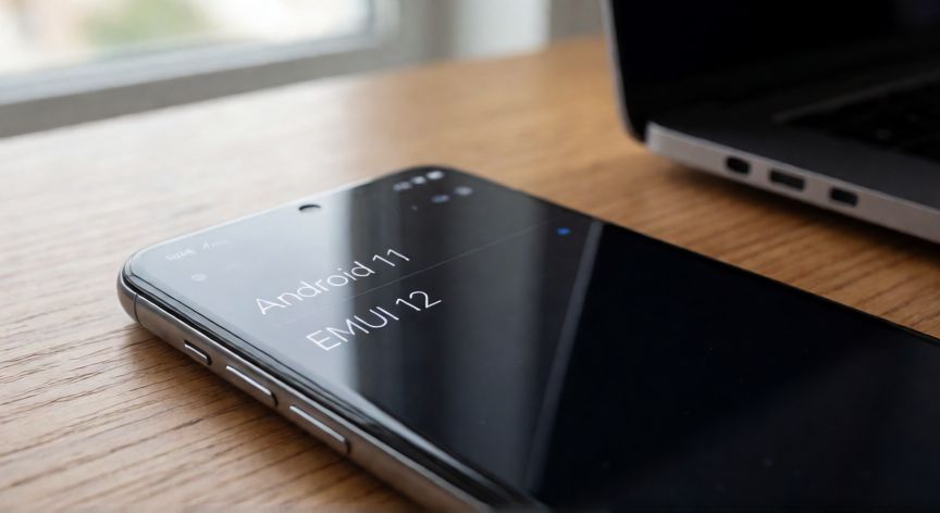 que android es emui 12, Teléfono móvil mostrando en pantalla la información de versión Android 11 y EMUI 12