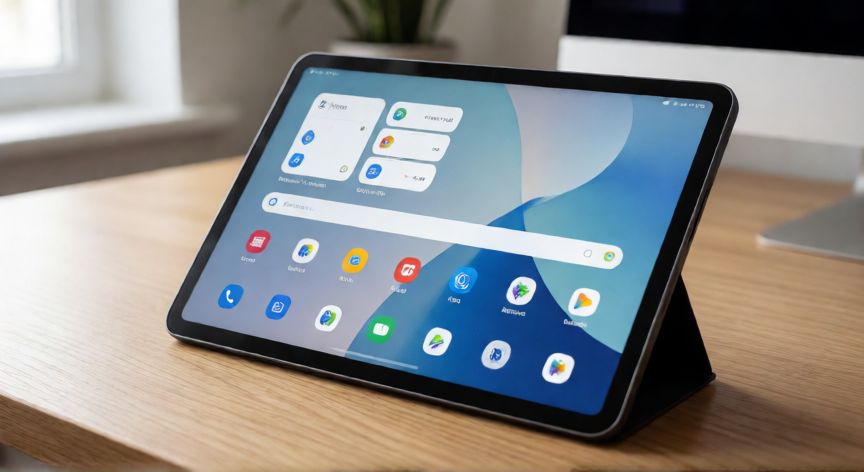 que android es mejor para tablet, Tablet moderna con interfaz de Android sobre escritorio de madera