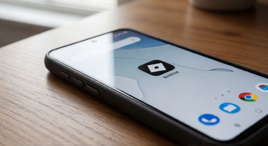 que android necesita roblox, Smartphone con la aplicación de Roblox visible en la pantalla sobre una mesa de madera
