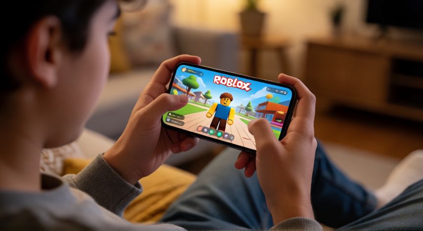 que android necesita roblox, Persona jugando a un juego de mundos virtuales en su teléfono móvil en casa