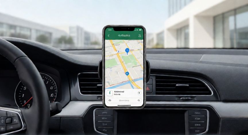 que android necesita uber driver, Móvil sujeto en el parabrisas de un coche mostrando navegación Uber