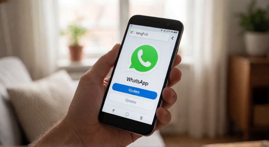 que android no soporta whatsapp 2026, Persona actualizando la aplicación de WhatsApp en la Play Store