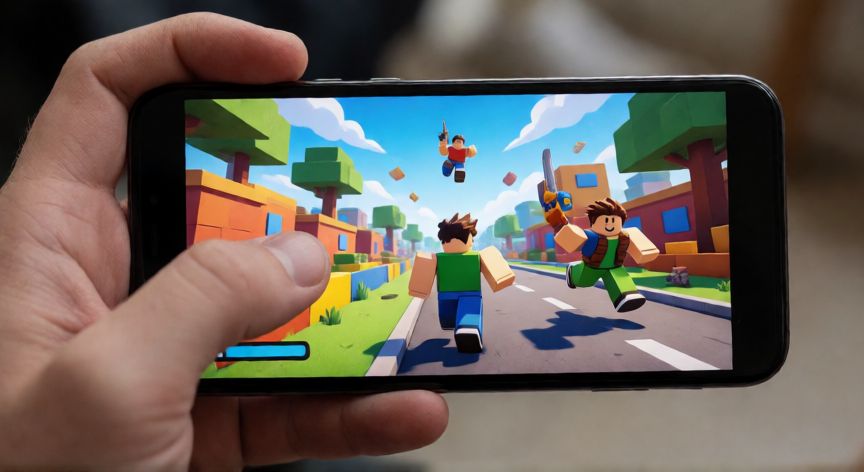 que android ocupa roblox, Persona jugando un juego de acción dentro de la plataforma Roblox en su móvil