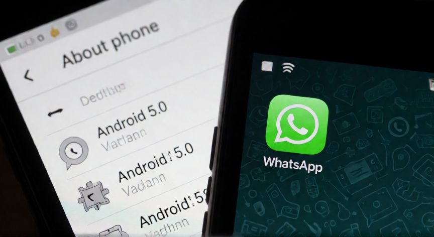 que android ocupa whatsapp, Pantalla de teléfono Android mostrando la versión del sistema en ajustes junto al icono de WhatsApp