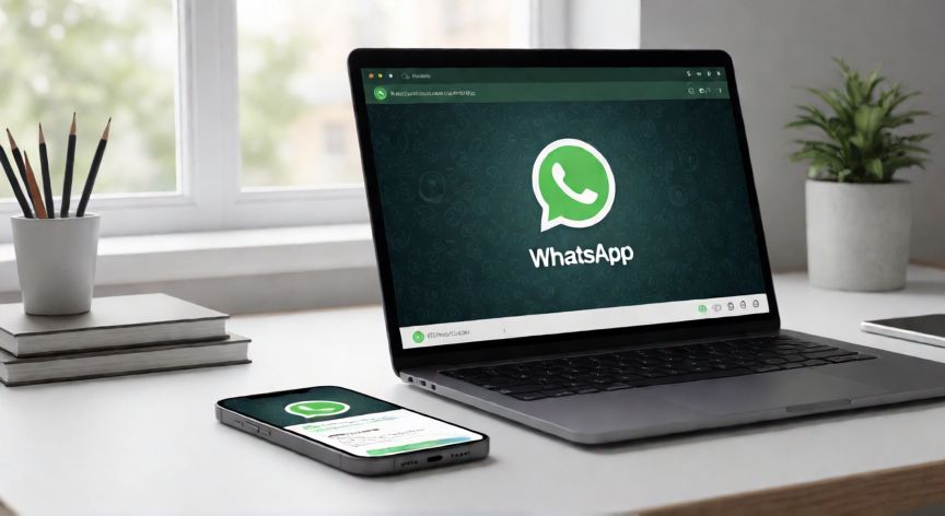 que android ocupa whatsapp, Teléfono inteligente y portátil mostrando WhatsApp Web en un escritorio minimalista