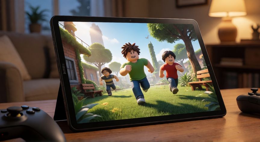 que android pide roblox, Tablet Android y controlador jugando a Roblox en un mundo virtual colorido