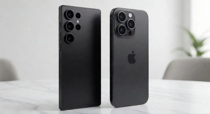 Comparación lateral entre un Samsung Galaxy S24 y un iPhone mostrando sus bordes curvos similares