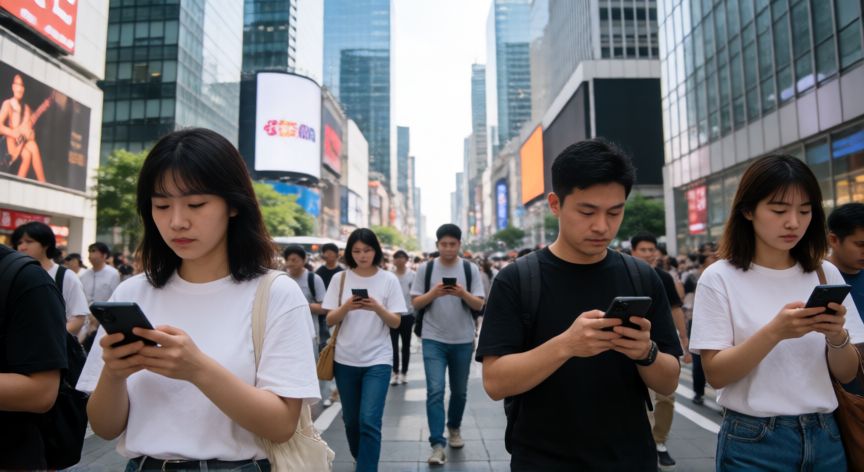que android se usa actualmente, Multitud de personas usando móviles en una ciudad
