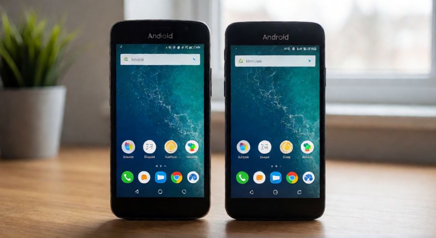 que android soporta youtube, Comparación entre un teléfono Android antiguo y uno nuevo sobre una mesa de madera