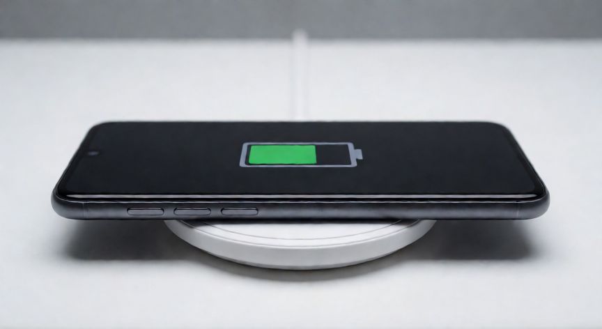 que android tiene carga inalambrica, Smartphone Android cargándose sobre una base de carga inalámbrica blanca