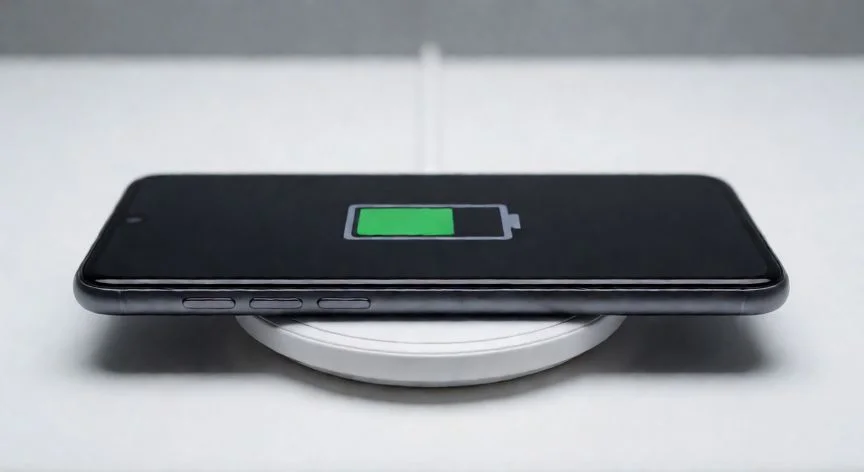 Smartphone Android cargándose sobre una base de carga inalámbrica blanca
