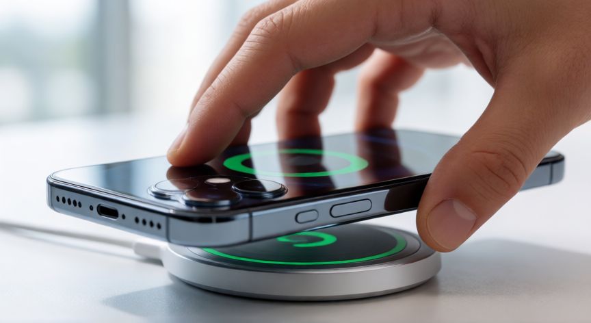 que android tiene carga inalambrica, Mano colocando un teléfono móvil sobre un cargador inalámbrico magnético