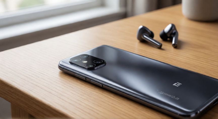 que android tiene el redmi note 15, Vista trasera del Redmi Note 15 sobre escritorio de madera