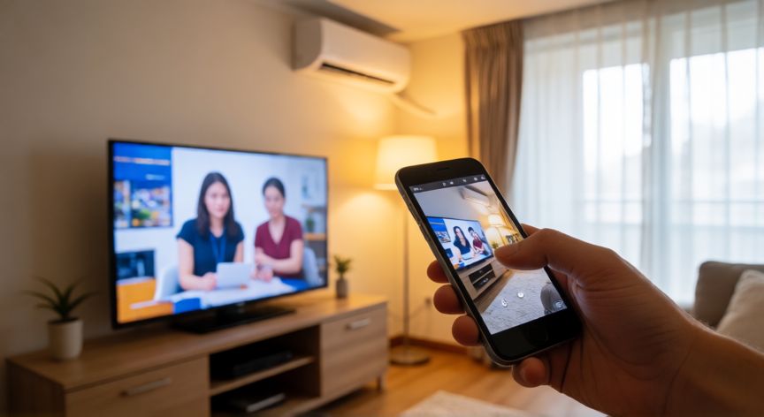 que android tiene infrarrojo, Persona usando el teléfono móvil como control remoto infrarrojo en la sala de estar